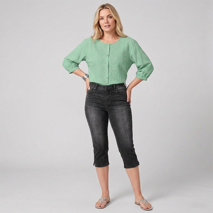 Women's Cropped Denim Pants & Embroidered Shirt Set