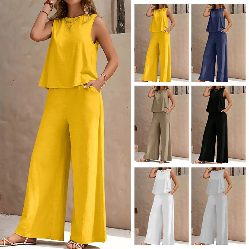 Solid Color Sleeveless Top & Wide Leg Pants Set