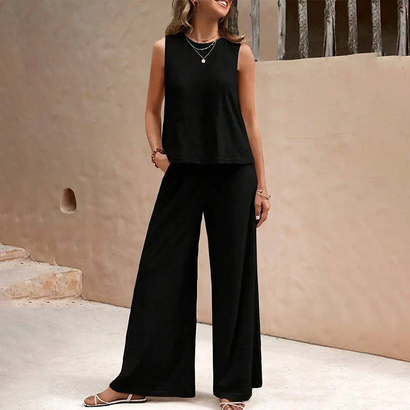 Solid Color Sleeveless Top & Wide Leg Pants Set