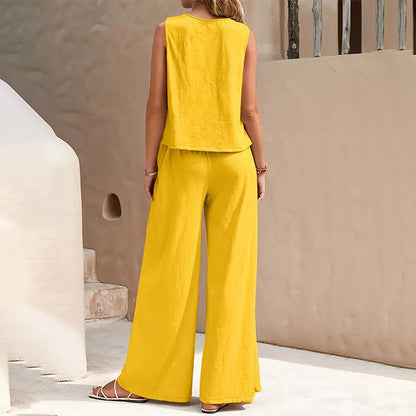 Solid Color Sleeveless Top & Wide Leg Pants Set
