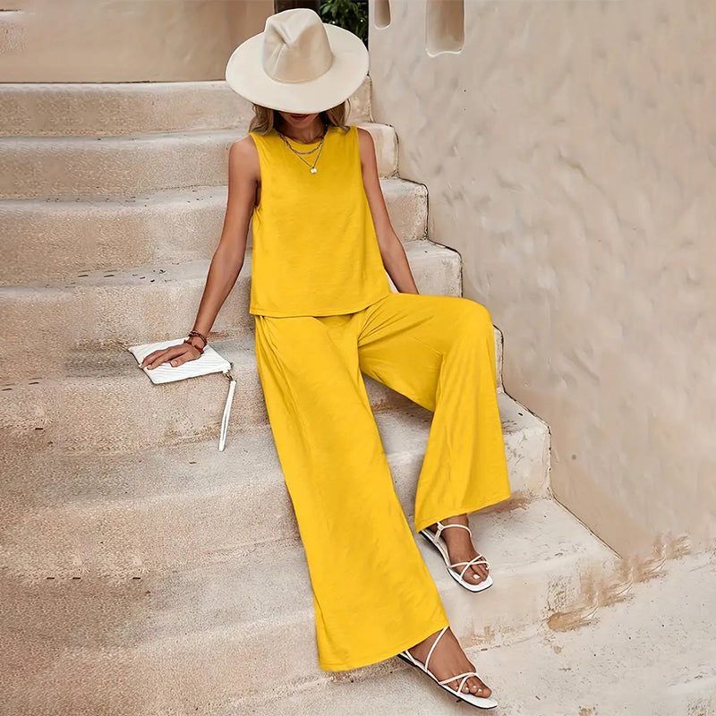 Solid Color Sleeveless Top & Wide Leg Pants Set