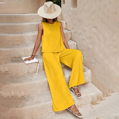 Solid Color Sleeveless Top & Wide Leg Pants Set