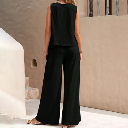 Solid Color Sleeveless Top & Wide Leg Pants Set