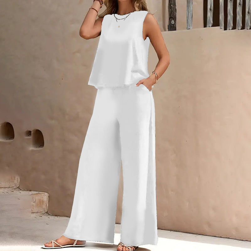 Solid Color Sleeveless Top & Wide Leg Pants Set