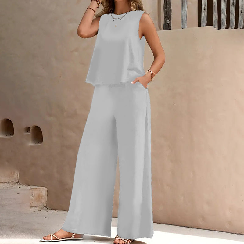 Solid Color Sleeveless Top & Wide Leg Pants Set