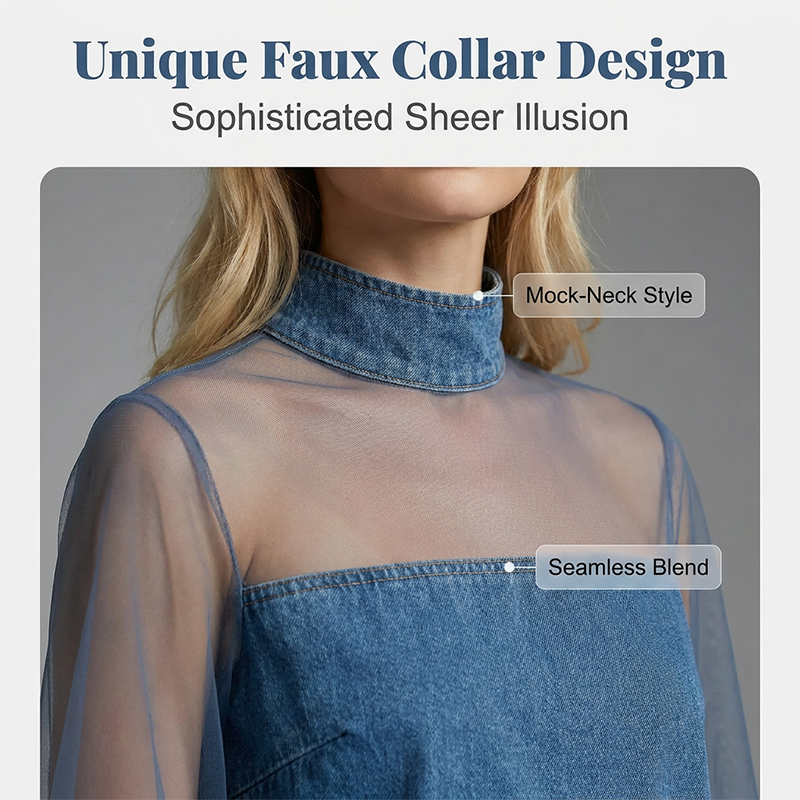 Lantern Sleeve Faux Collar Denim Skirt