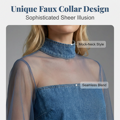 Lantern Sleeve Faux Collar Denim Skirt