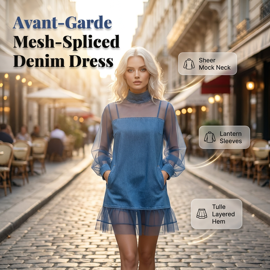 Lantern Sleeve Faux Collar Denim Skirt