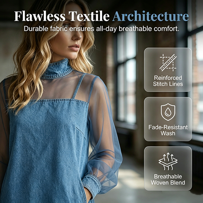 Lantern Sleeve Faux Collar Denim Skirt