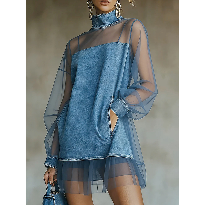 Lantern Sleeve Faux Collar Denim Skirt
