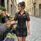 🎁2026 New Arrivals 💥Women's Sheer Lace Denim Mini Dress – Contrast Texture, Sexy Sweet, Club-Ready ✨