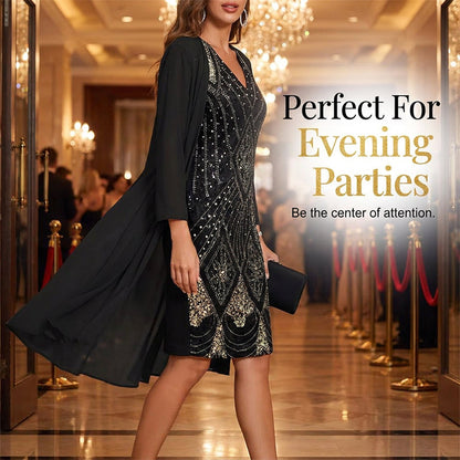 🔥Limited-Time Offer-Women's Long-Sleeve Printed Dress & Cardigan 2 Piece Set