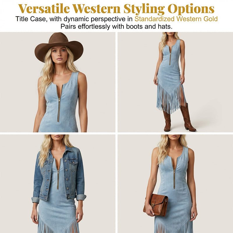 🤠 LIMITED-TIME 50% OFF! ✨ Retro Western Tassel Sleeveless Slim Dress – Fringe Hem, Front Zipper, Cowgirl Style 🌵