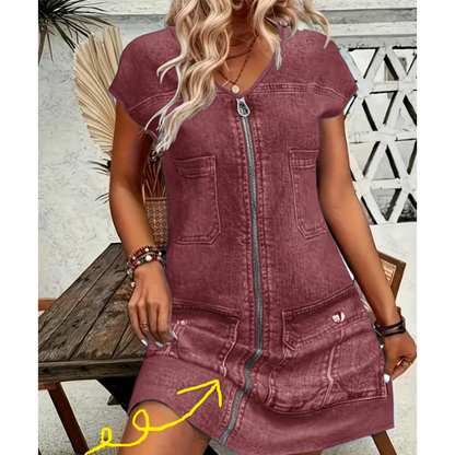 👗Women's Casual Short Sleeve Zipper Dress – Pocket Detail Everyday Dress ✨