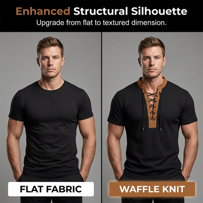 Men’s Waffle Knit T-Shirt Contrast Lace Up Casual Short Sleeve Tops