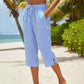 Women's Striped Cotton Linen Capri Pants with Pockets