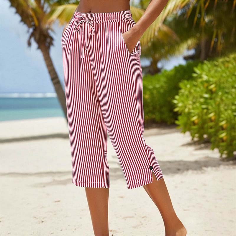 Women's Striped Cotton Linen Capri Pants with Pockets