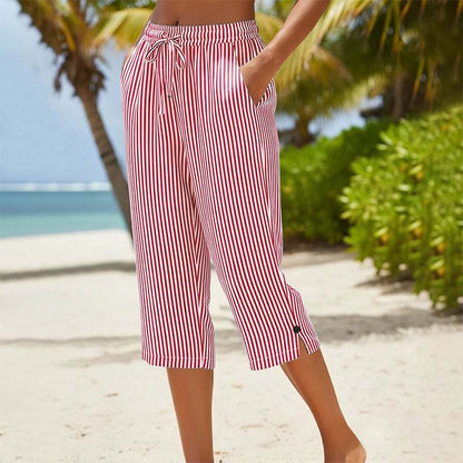 Women's Striped Cotton Linen Capri Pants with Pockets