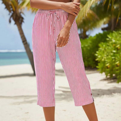 Women's Striped Cotton Linen Capri Pants with Pockets