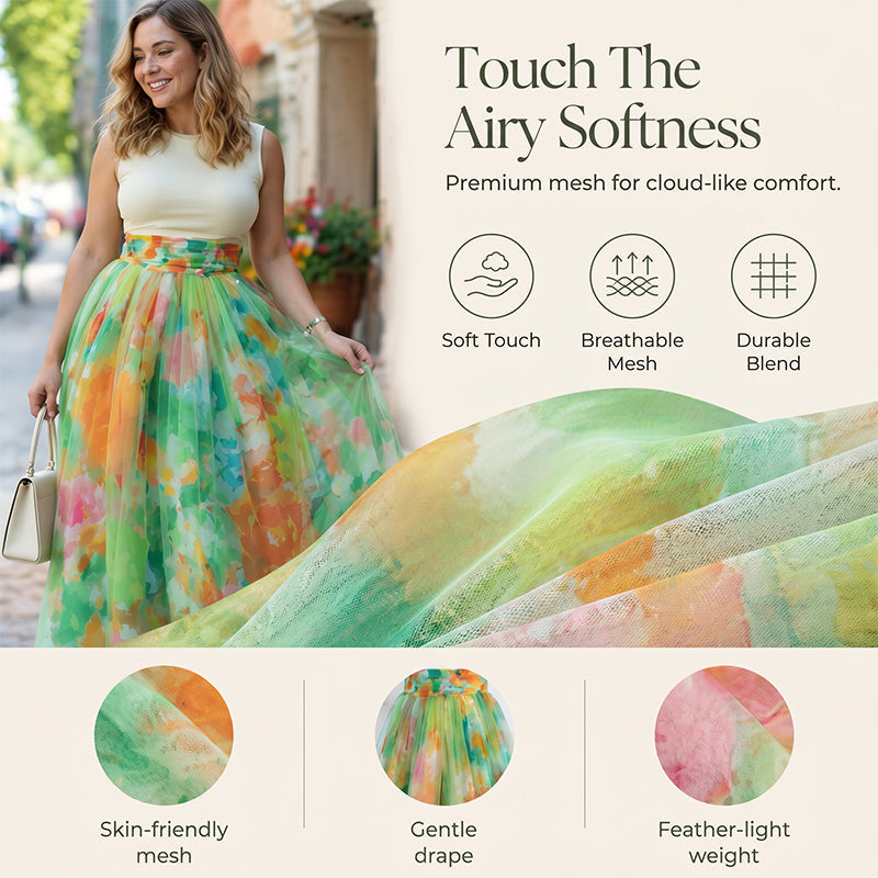 Women's Watercolor Floral Print Tulle Midi Skirt