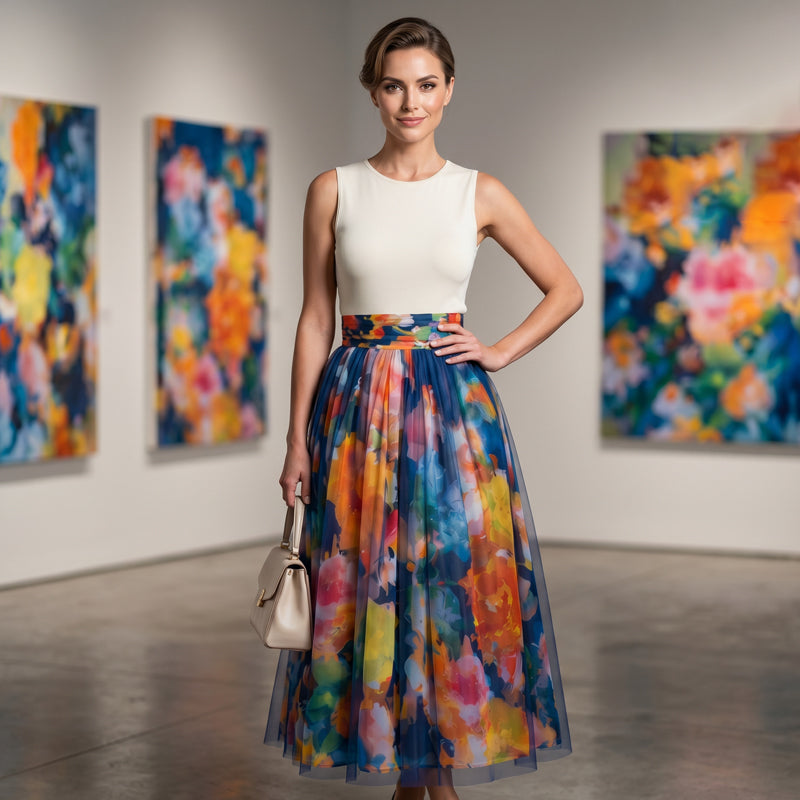 Women's Watercolor Floral Print Tulle Midi Skirt