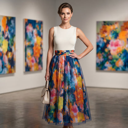 Women's Watercolor Floral Print Tulle Midi Skirt