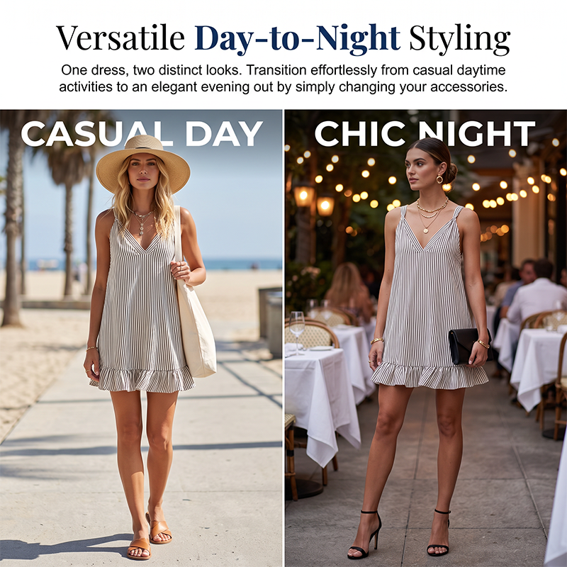 Women Casual Striped Sleeveless V-Neck Ruffle Beach Swing Dress