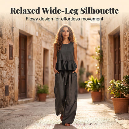 Women Casual Sleeveless Ruffle Top and Wide Leg Long Pants Set