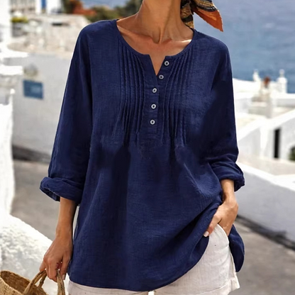 Women's Long Sleeve Pleated Henley Neck Blouse