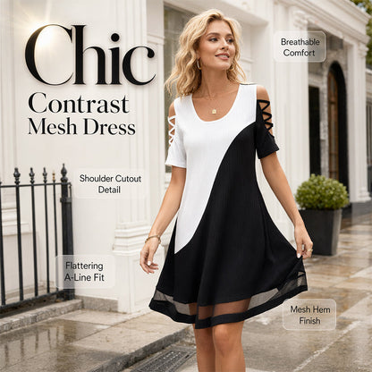 Women's Color-Block Crew-Neck Midi Dress with Mesh Hem