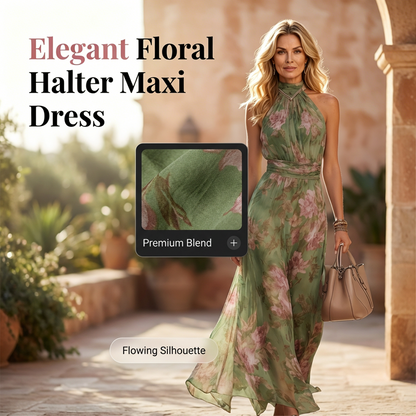 🎁💥Elegant Floral Print Halter Neck Maxi Dress