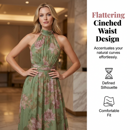 🎁💥Elegant Floral Print Halter Neck Maxi Dress