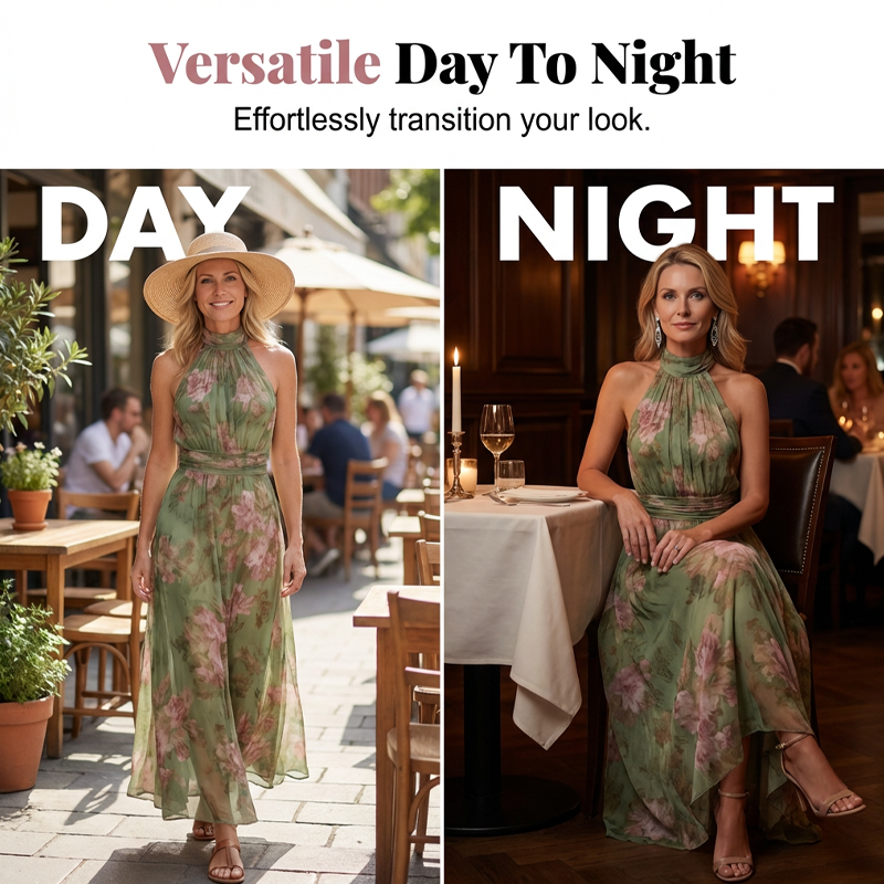 🎁💥Elegant Floral Print Halter Neck Maxi Dress