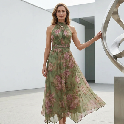 🎁💥Elegant Floral Print Halter Neck Maxi Dress