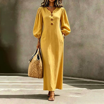 Women's Casual V-Neck Maxi Dress with Puff Sleeve