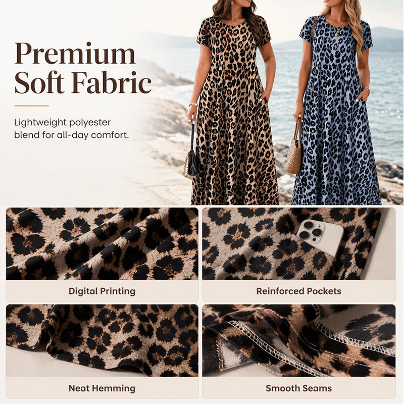 ⏳🔥LIMITED-TIME ! ⏰Women's Leopard Print Maxi Dress with Pockets Casual Short Sleeve Long Dress