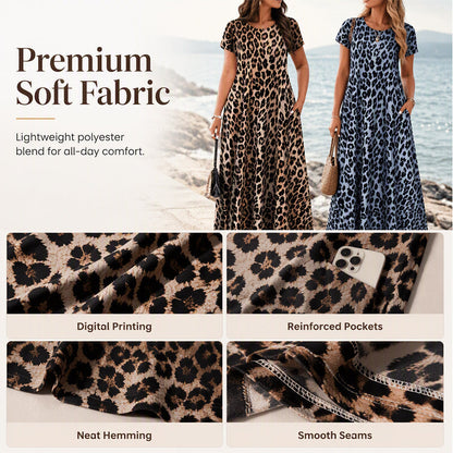 ⏳🔥LIMITED-TIME ! ⏰Women's Leopard Print Maxi Dress with Pockets Casual Short Sleeve Long Dress