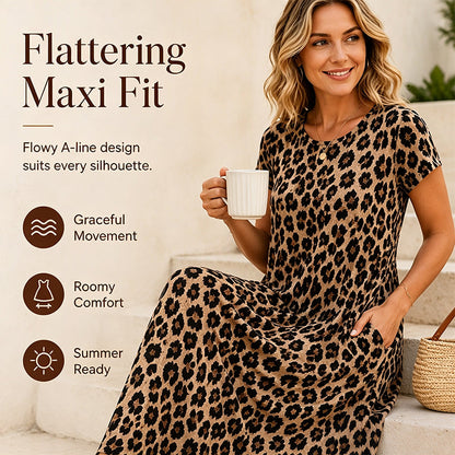 ⏳🔥LIMITED-TIME ! ⏰Women's Leopard Print Maxi Dress with Pockets Casual Short Sleeve Long Dress