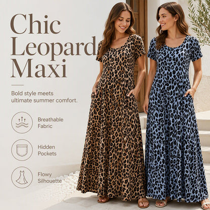 ⏳🔥LIMITED-TIME ! ⏰Women's Leopard Print Maxi Dress with Pockets Casual Short Sleeve Long Dress
