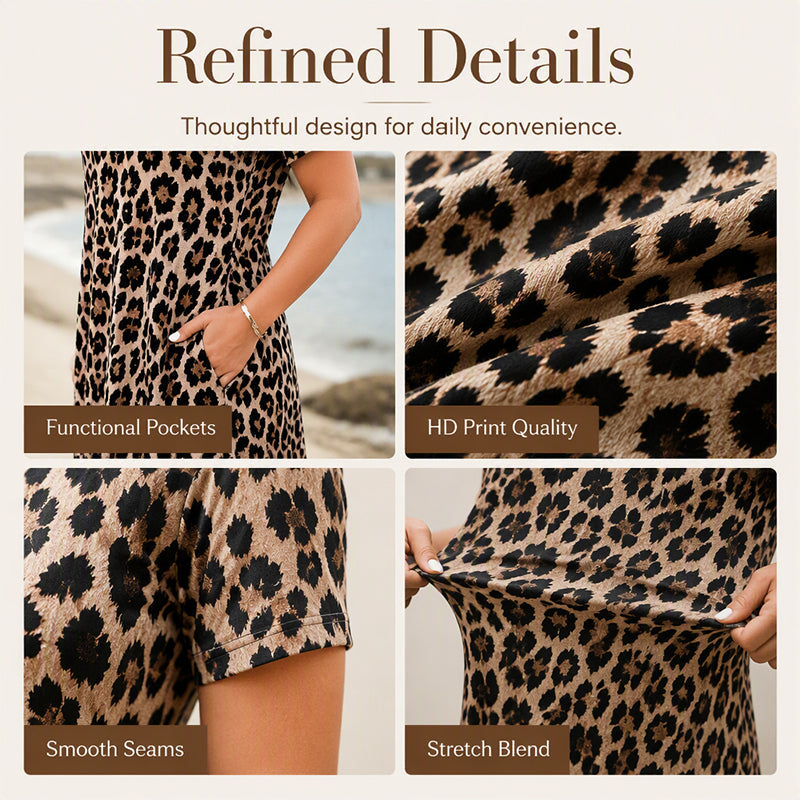 ⏳🔥LIMITED-TIME ! ⏰Women's Leopard Print Maxi Dress with Pockets Casual Short Sleeve Long Dress