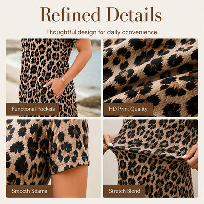 ⏳🔥LIMITED-TIME ! ⏰Women's Leopard Print Maxi Dress with Pockets Casual Short Sleeve Long Dress