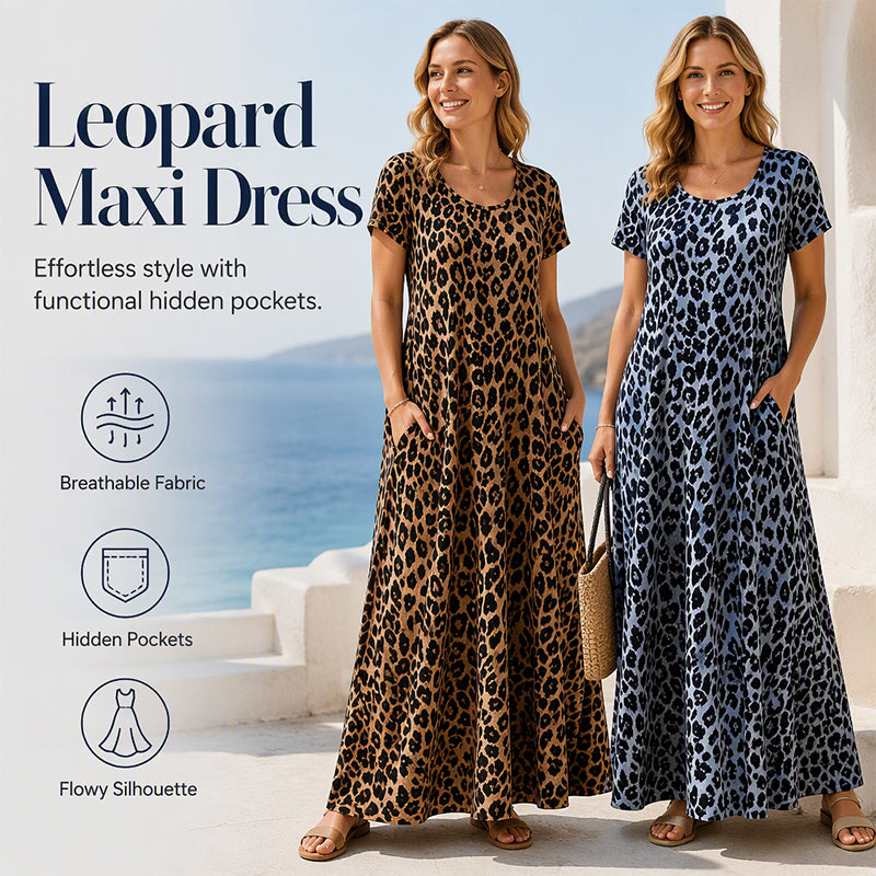 ⏳🔥LIMITED-TIME ! ⏰Women's Leopard Print Maxi Dress with Pockets Casual Short Sleeve Long Dress