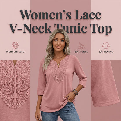 ☀️👚Top Pick - Lace-Trim V-Neck Blouse – Breathable Fabric & Flattering Drape for Work or Weekend 🌿