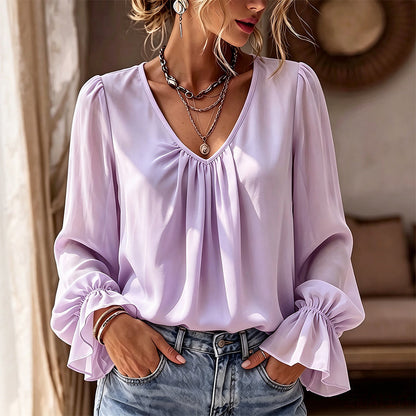 Women's Elegant Solid Color V-Neck Blouse