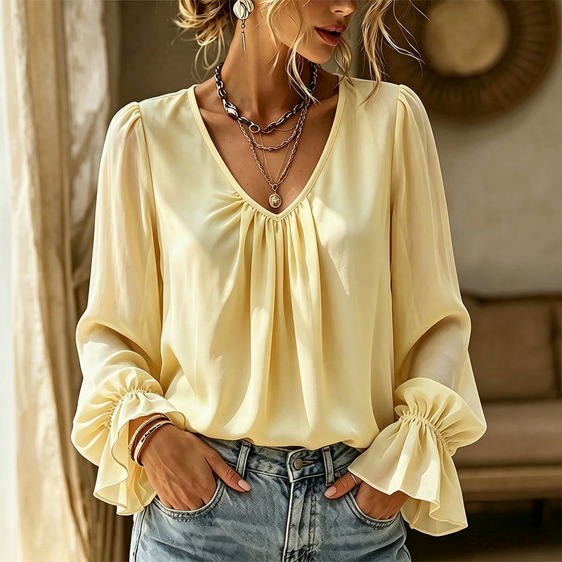 Women's Elegant Solid Color V-Neck Blouse