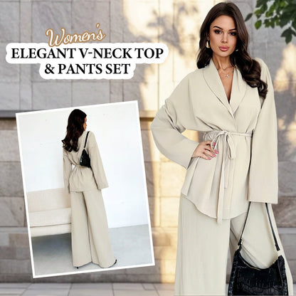 Women’s Elegant V-Neck Top & Wide-Leg Pants 2-Piece Set