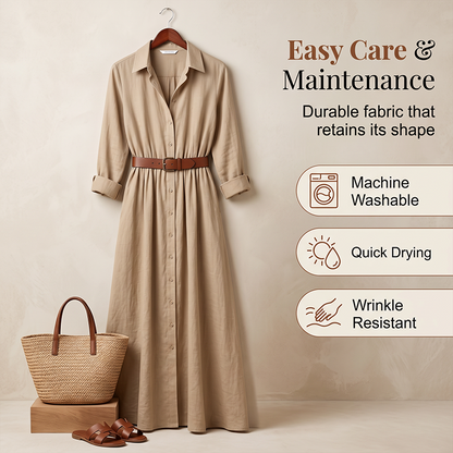 Women Long Sleeve Shirt Maxi Dress with Belt Classic Turndown Collar Holiday Resort Long Dress