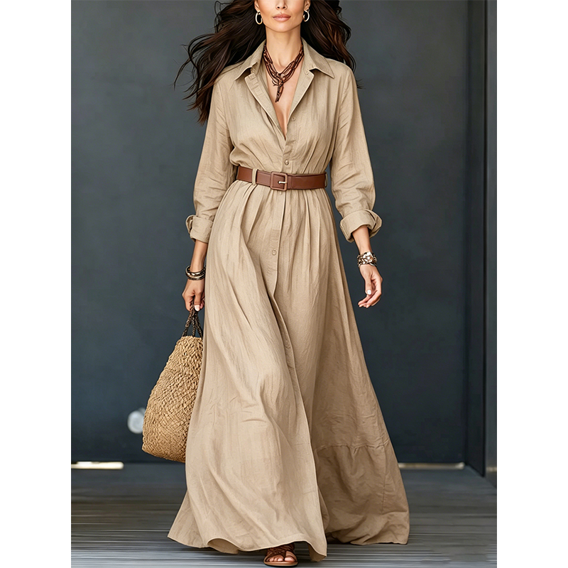 Women Long Sleeve Shirt Maxi Dress with Belt Classic Turndown Collar Holiday Resort Long Dress