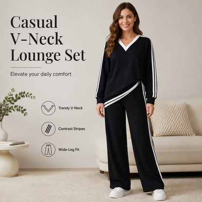 ⌛Limited-time offer-Women's Two-Piece Casual Set V-Neck Long Sleeve Top and Wide Leg Striped Pants Outfit
