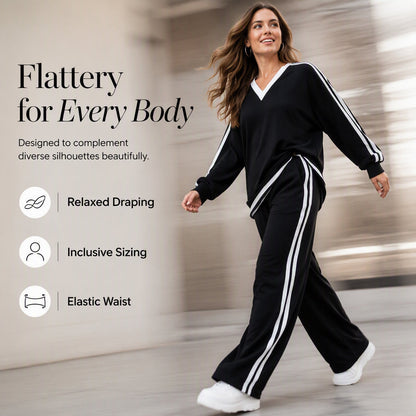 ⌛Limited-time offer-Women's Two-Piece Casual Set V-Neck Long Sleeve Top and Wide Leg Striped Pants Outfit